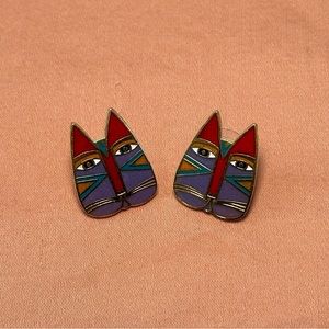 Vintage Laurel Burch GATO Earrings - Cute Cats Purple Red Gold Tone